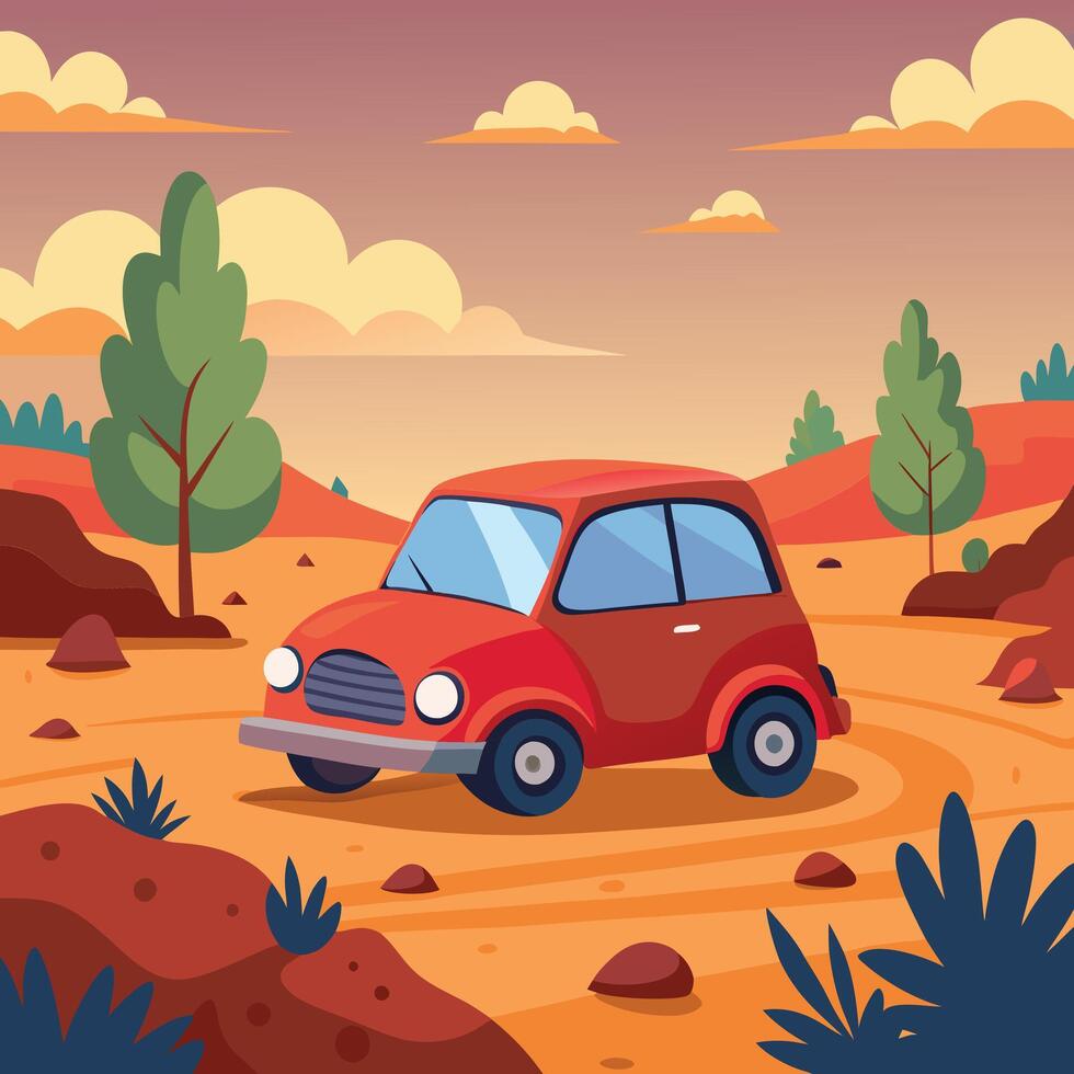 illustration of a car driving on a desert road vector