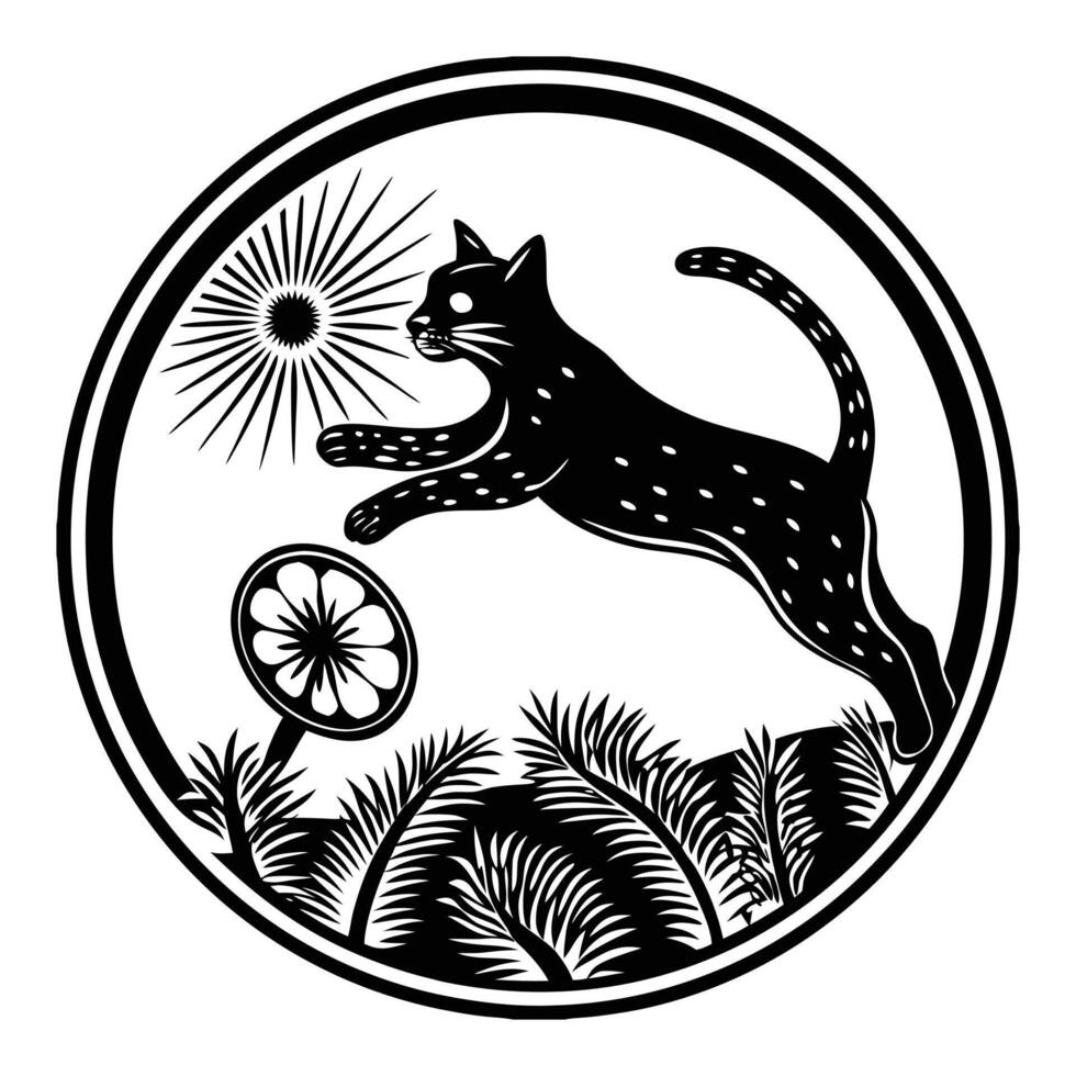 a black and white illustration of a cat jumping over a tree vector
