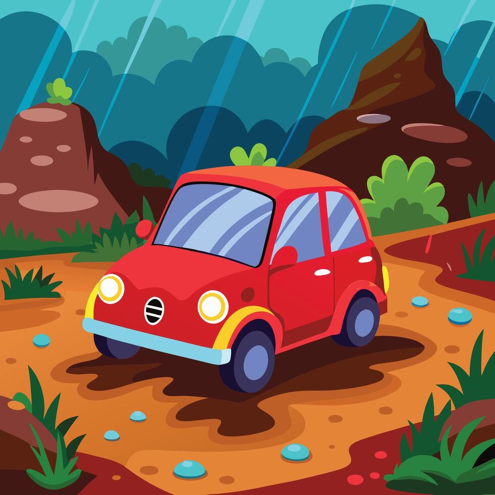 cartoon car driving through the mud in the rain vector