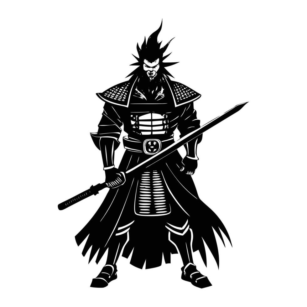 a black and white illustration of a samurai with a sword vector