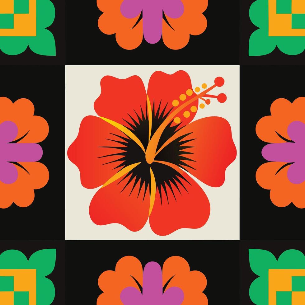 a pattern with a red hibiscus flower on a black background vector