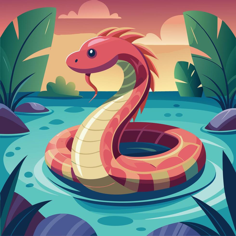 cartoon snake in the water with plants and trees vector