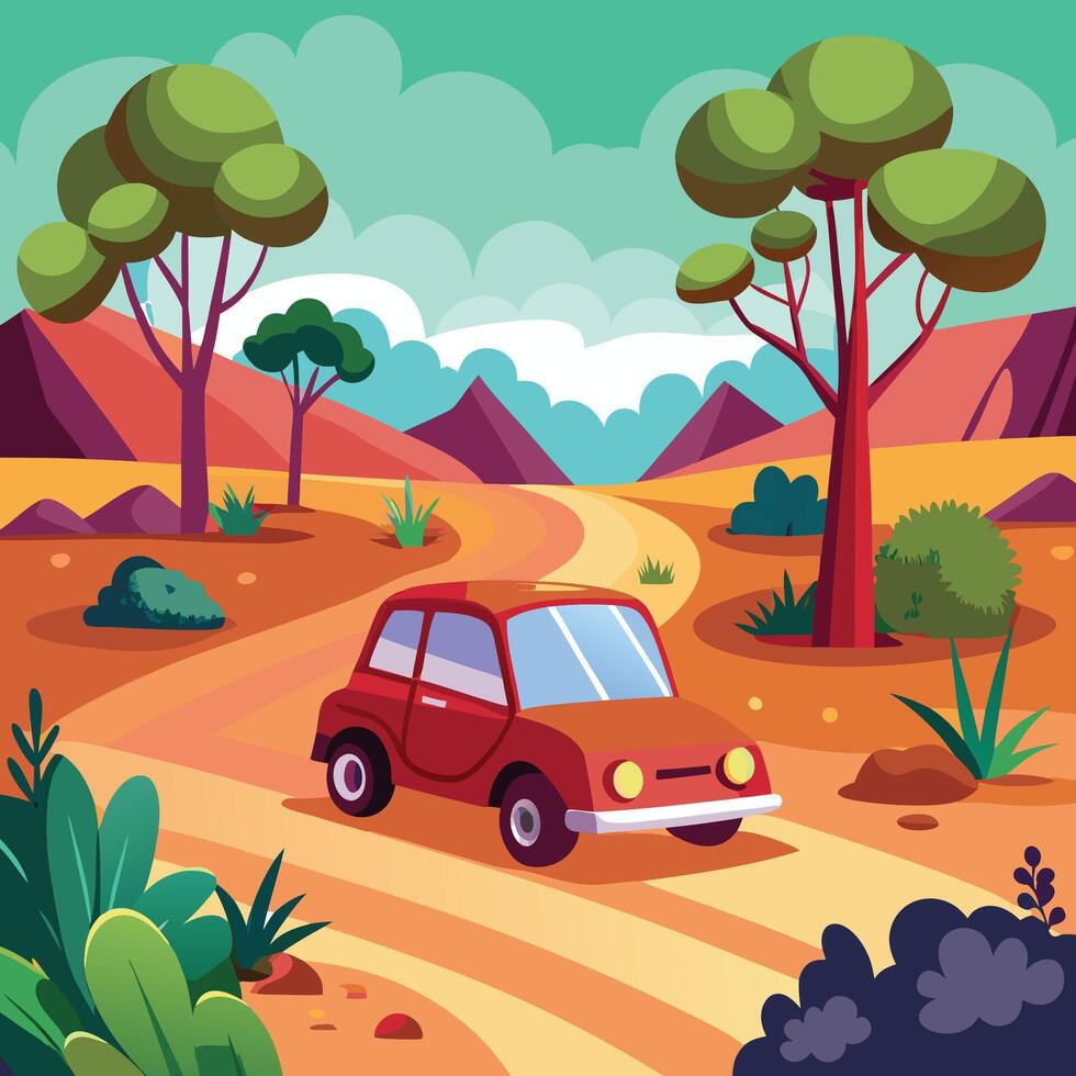 illustration of a car driving on a road in the desert vector