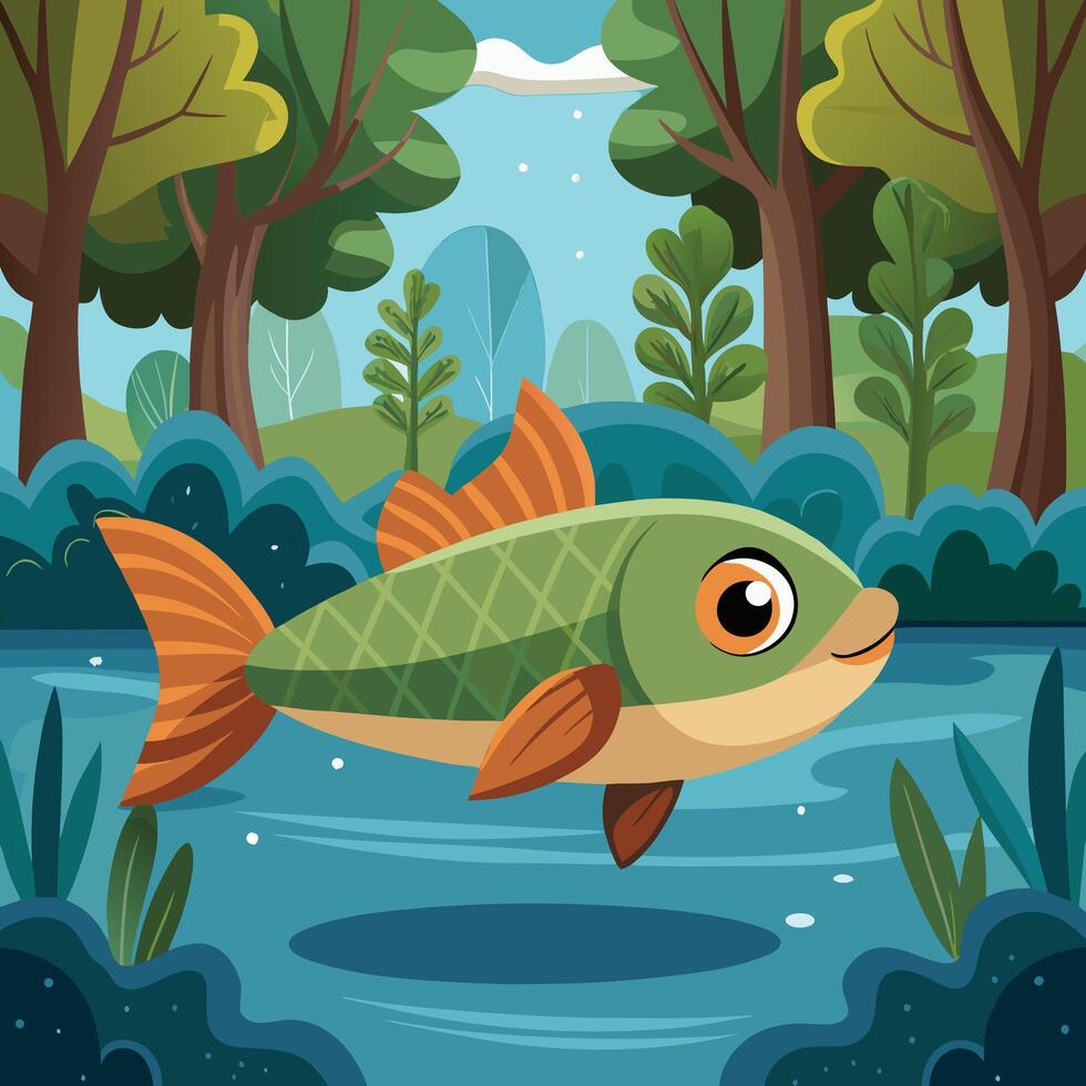 fish river in the forest illustration vector
