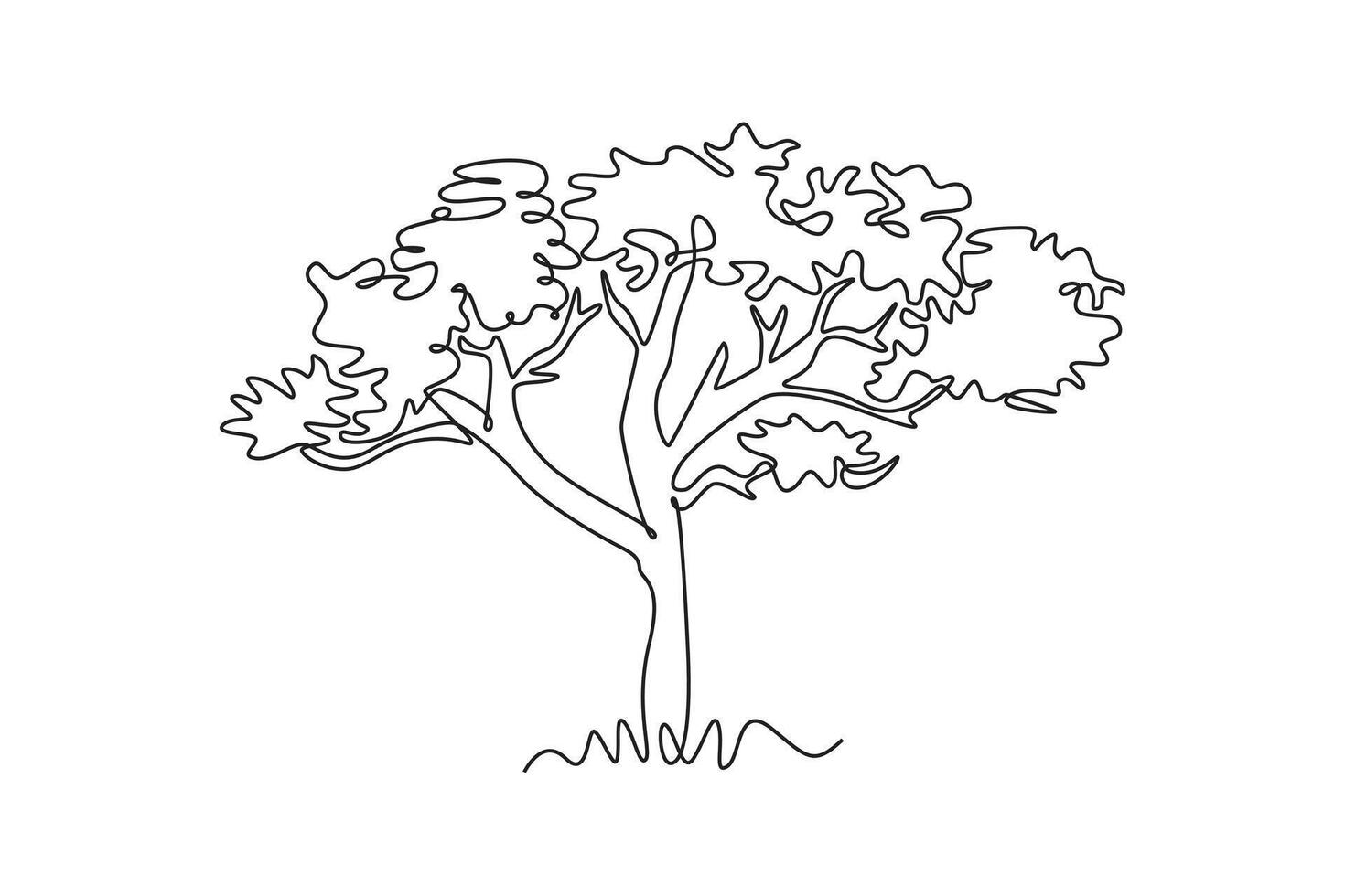 Single one line drawing beauty marula tree for wall decor art poster print. Sclerocarya birrea plant for national park logo. Tourism and travel. Continuous line draw design graphic illustration vector