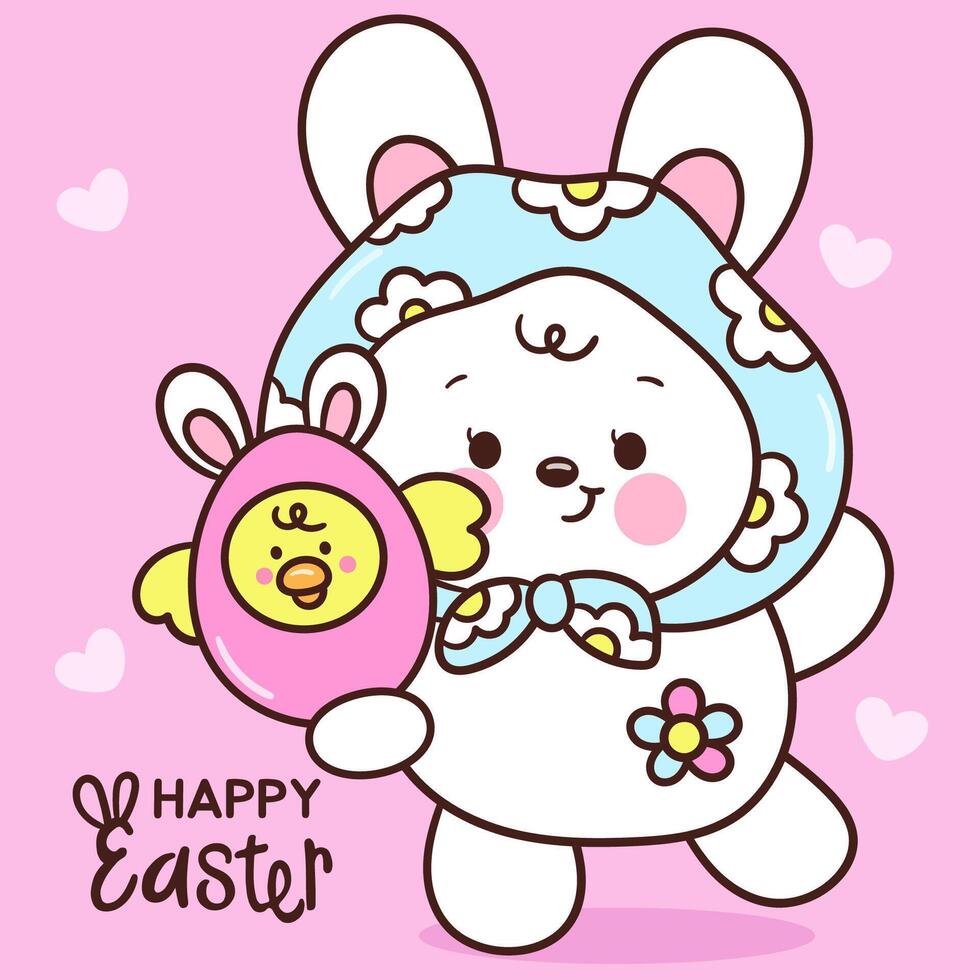 Easter bunny rabbit holding chick egg kawaii animal happy character vector