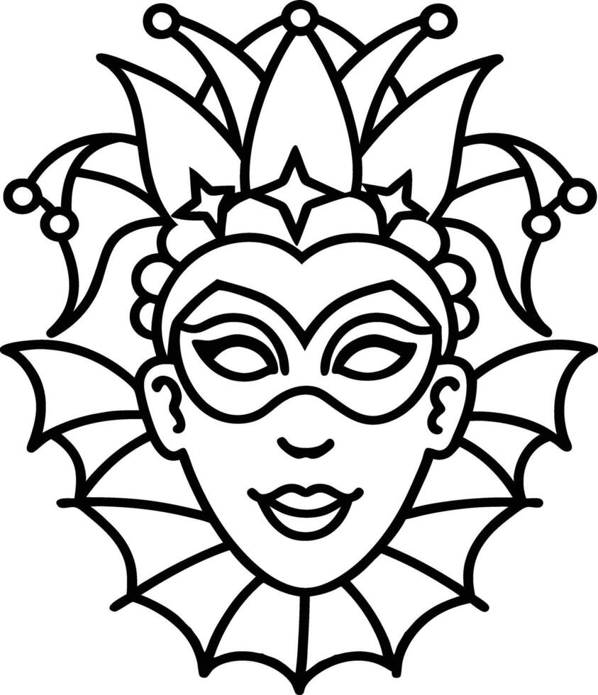 Traditional Jester Hat and Mask line art vector