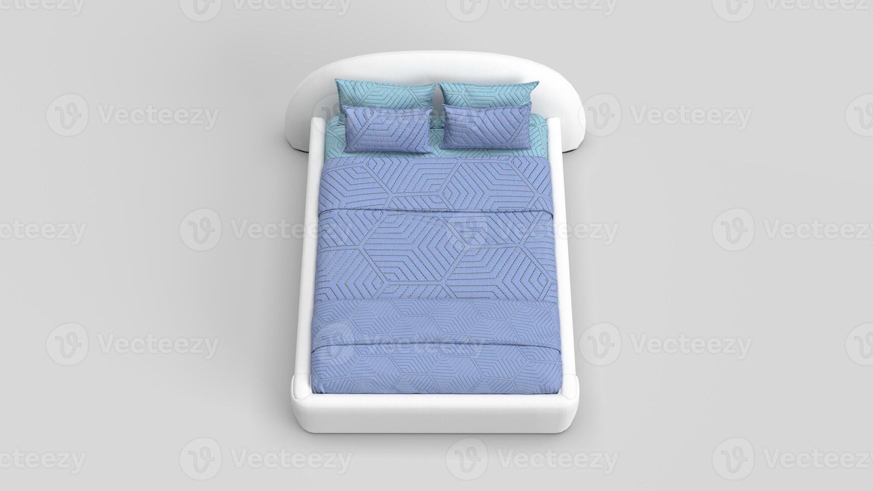 white bed with blue bedspread top view, white backdrop from front photo