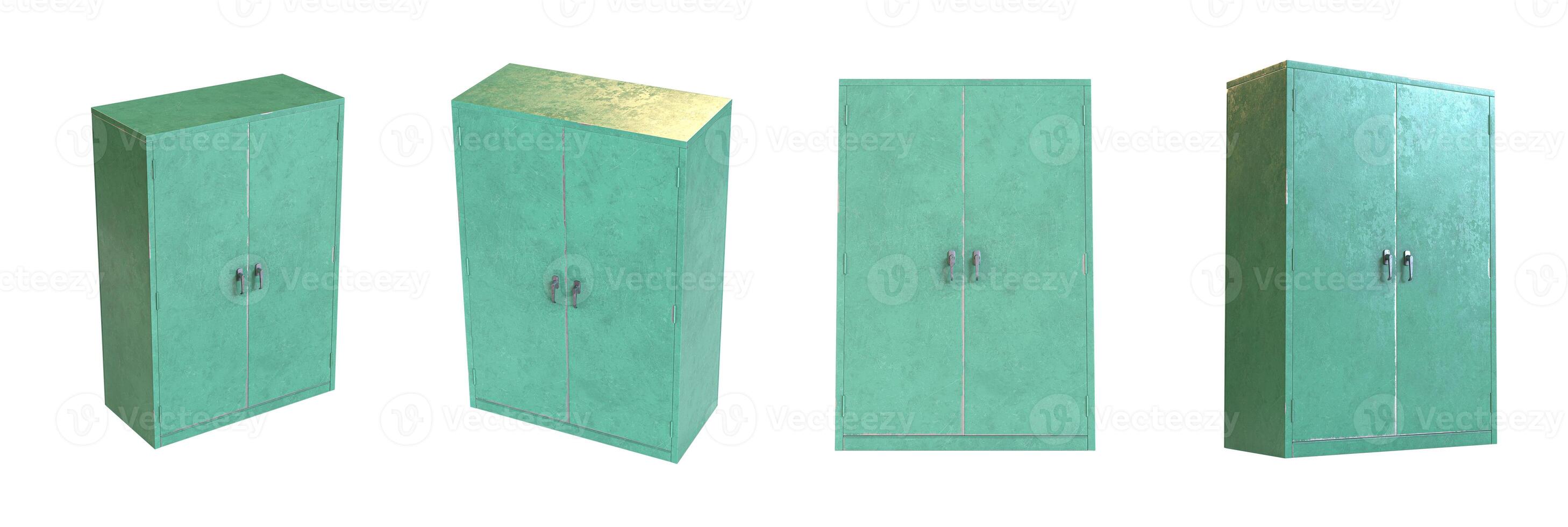 four old green and scratched industrial cabinets white background photo