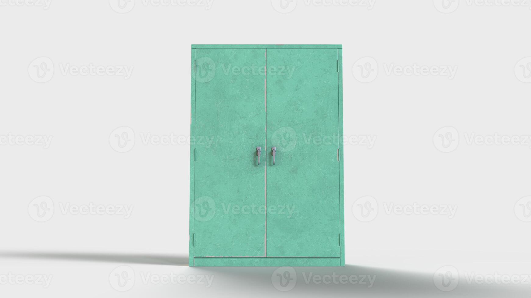 old, scratched green industrial cupboard, front view photo