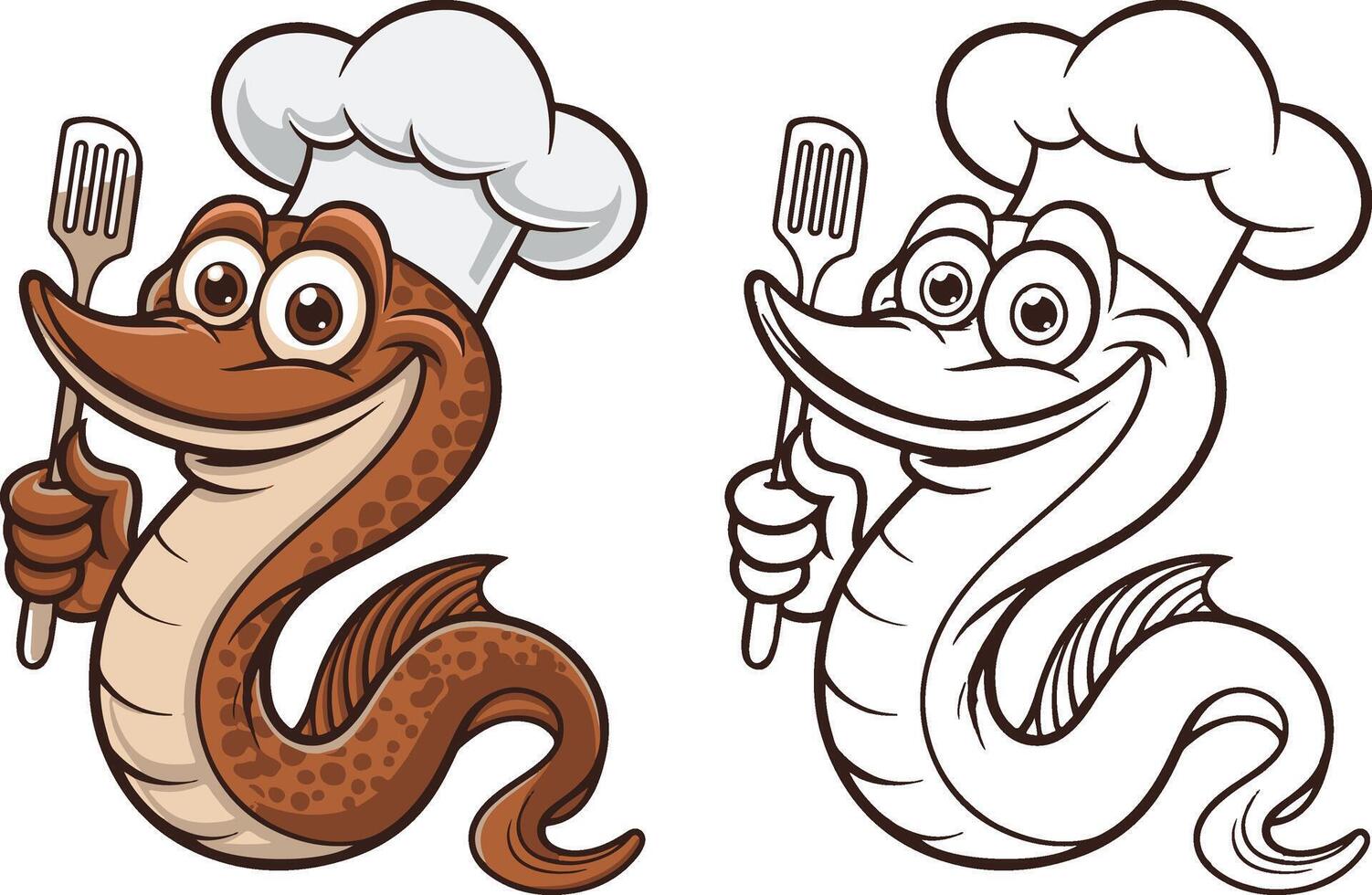 Eel chef cartoon art illustration and outline graphic vector