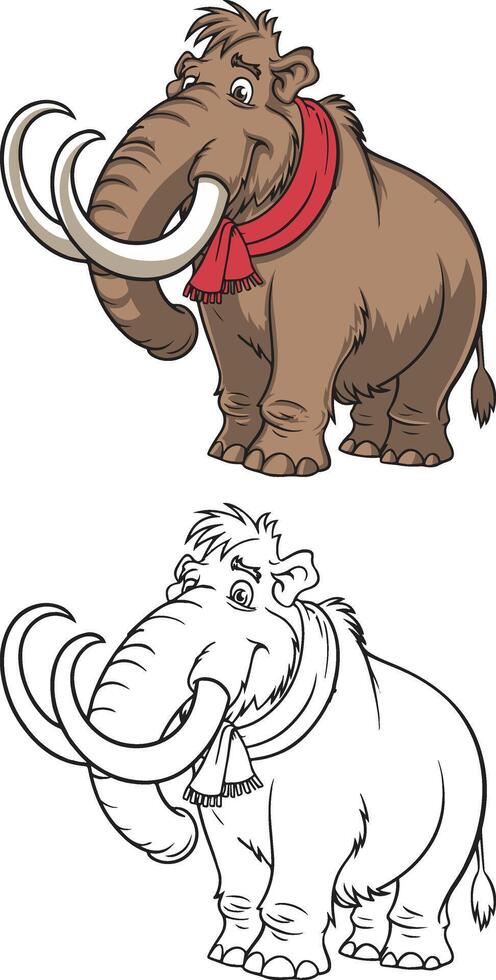 Mammoth cartoon wearing muffler illustration and line art drawing vector