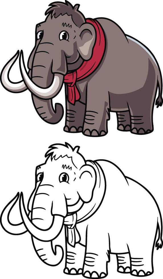Mammoth cartoon wearing muffler art illustration and outline drawing and white background vector