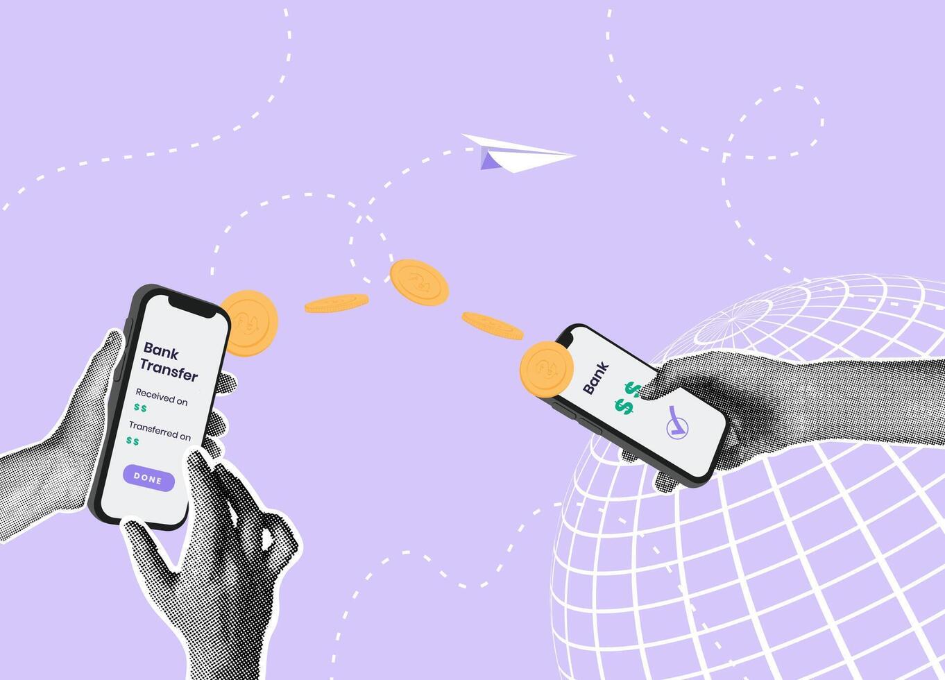 Trendy halftone collage. Mobile payment concept, payment, transfer money wirelessly with mobile app. Online banking vector
