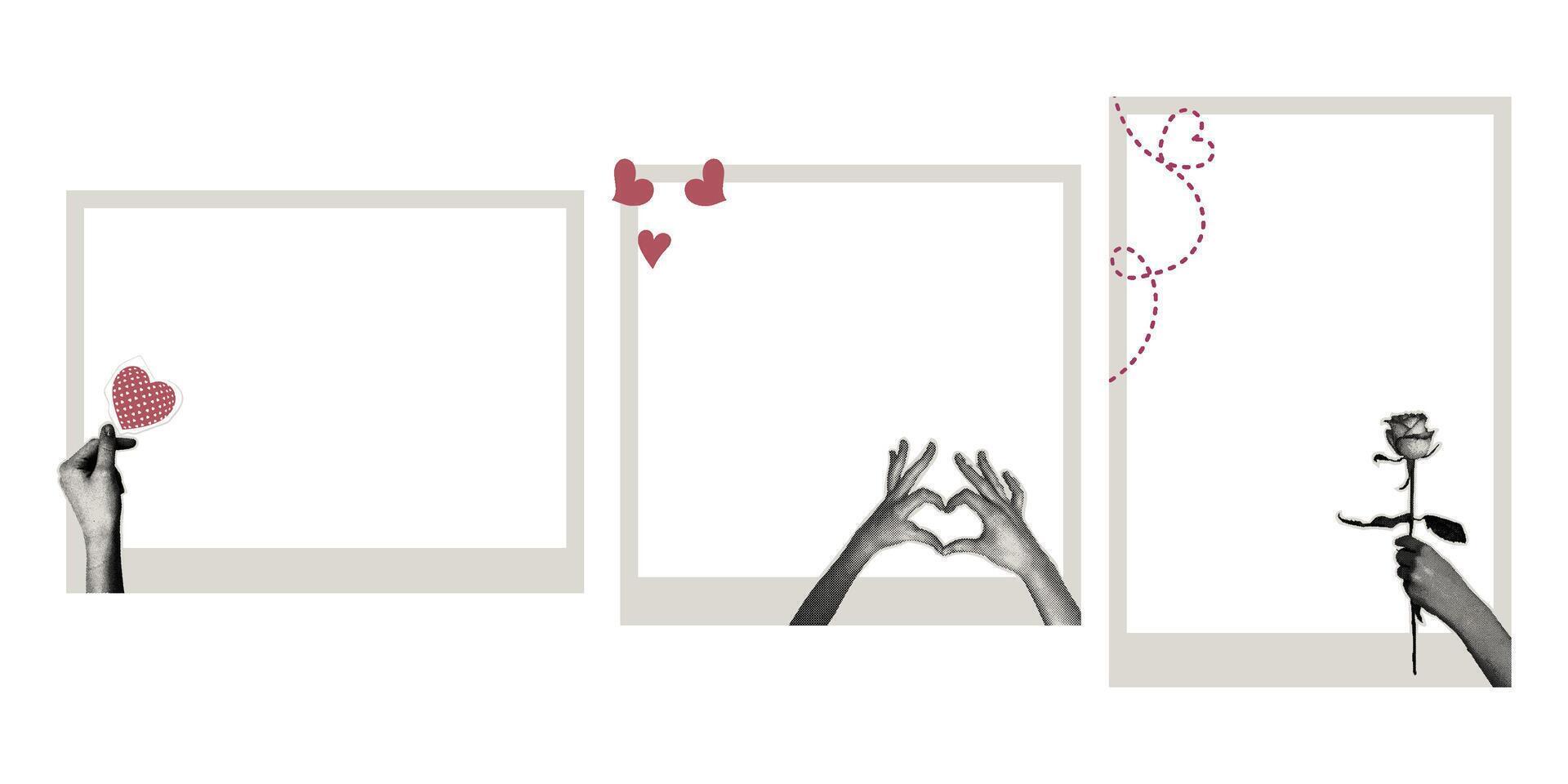 Trendy halftone collage with photo frames. Instant photo frame template concept with halftone stickers , photo album, memories, love. vector