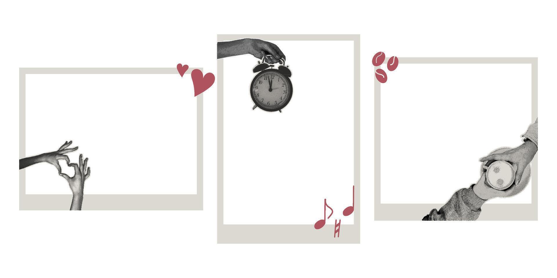 Trendy halftone collage with photo frames. Concept template for instant photo frame with halftone stickers, coffee together, time to relax,photo album, memories, love. vector