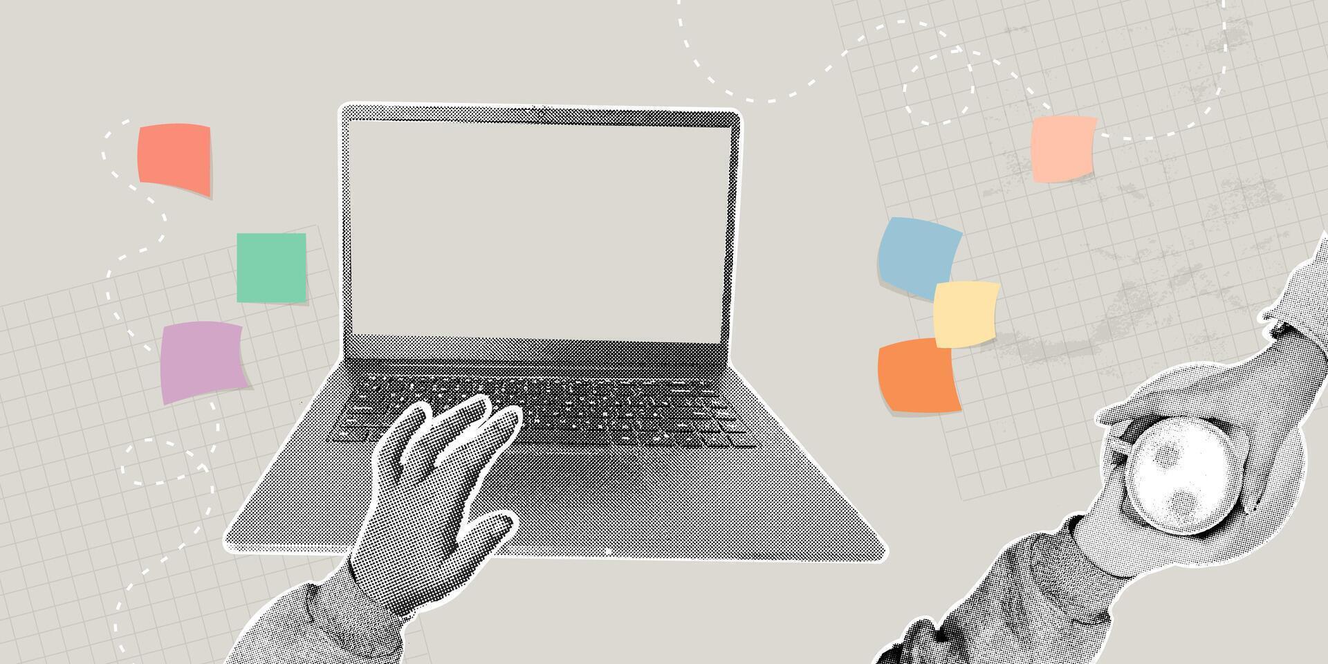Trendy halftone collage. Concept of remote collaboration, online learning, working from home, concept of short break with coffee. vector