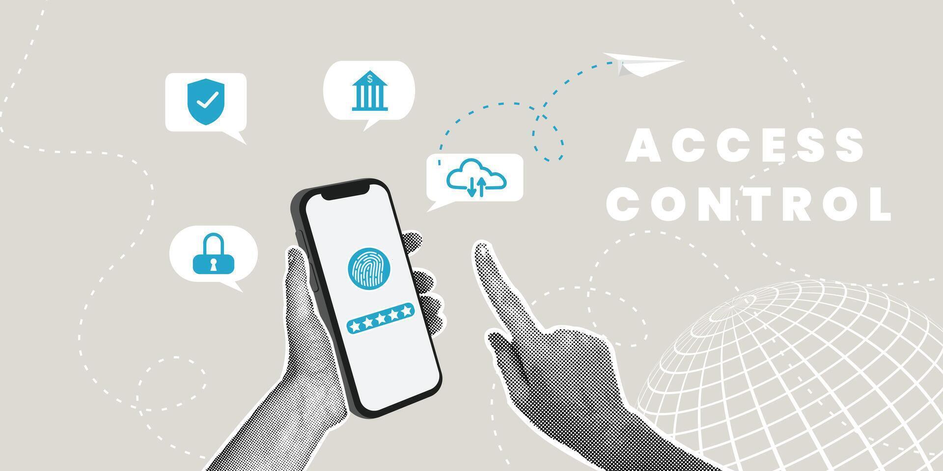 Trendy halftone collage. Biometric data protection concept, security access to financial data , fingerprint scan access, biometric cybersecurity system, privacy for data protection vector