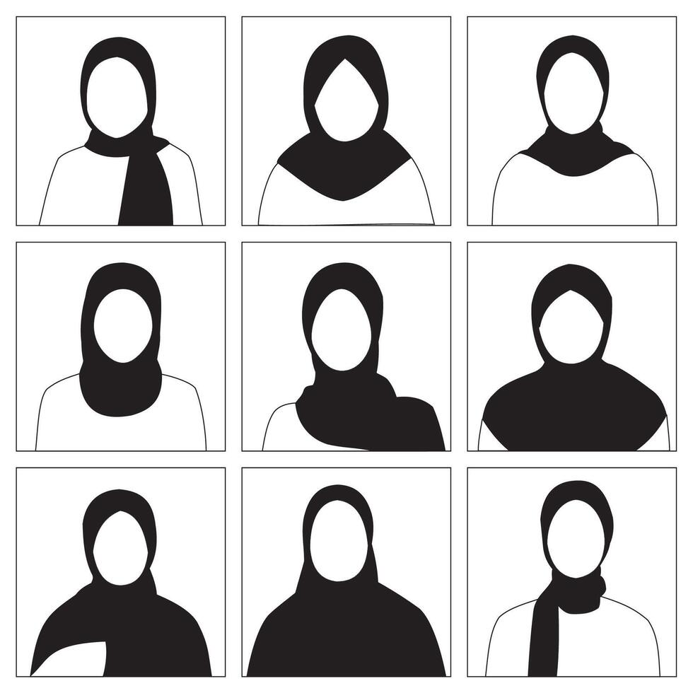 Set of hijab women black white avatars. User people in a flat icon design. Head portraits muslim person illustration vector