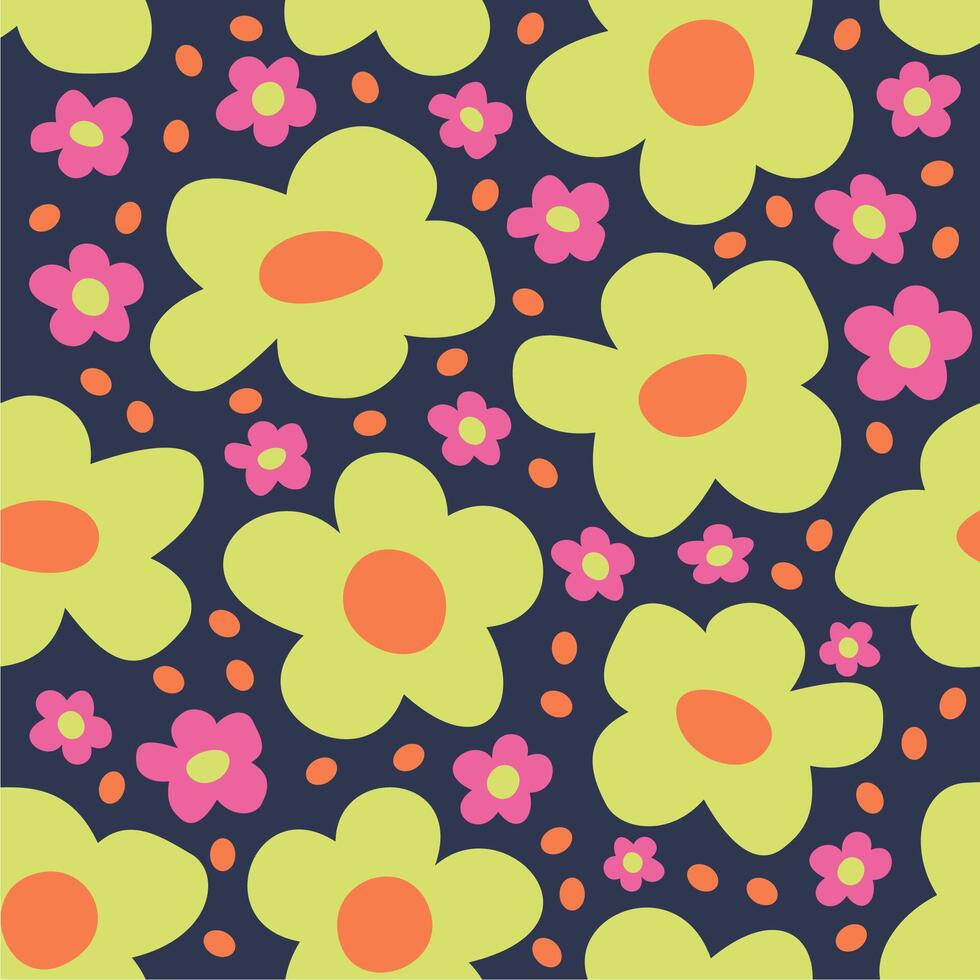 Seamless flat floral pattern. Green and pink flowers on a dark botanical background. wrapping, texture, textile, illustration vector
