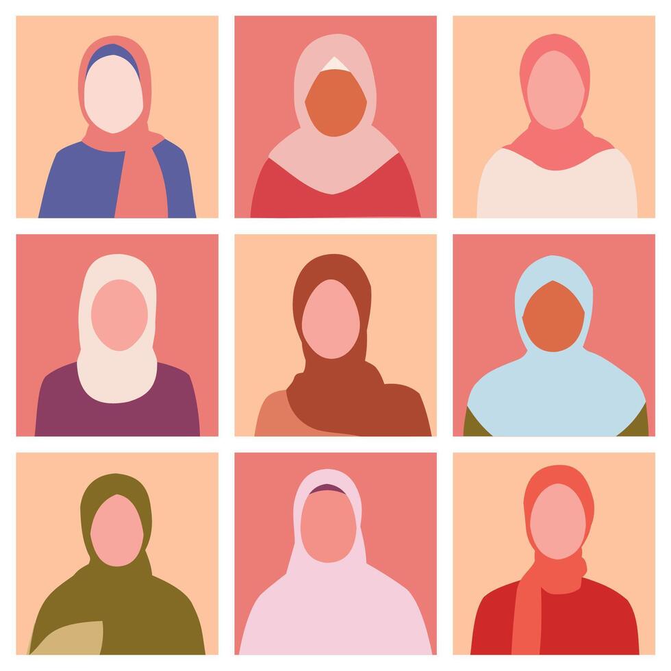 Set of hijab women avatars. User people in a flat icon design. Head portraits muslim person illustration vector