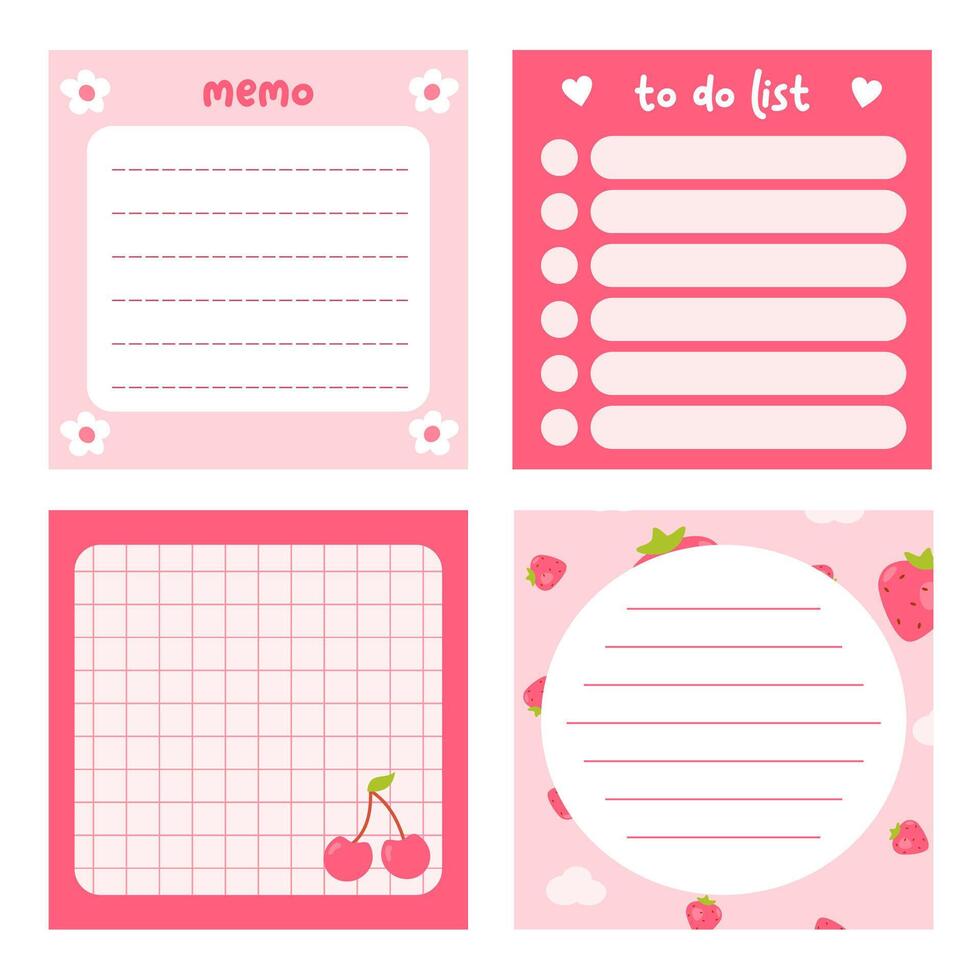 Cute notes daily planner and to do list with strawberry and cherry illustration. Pink journal memo vector