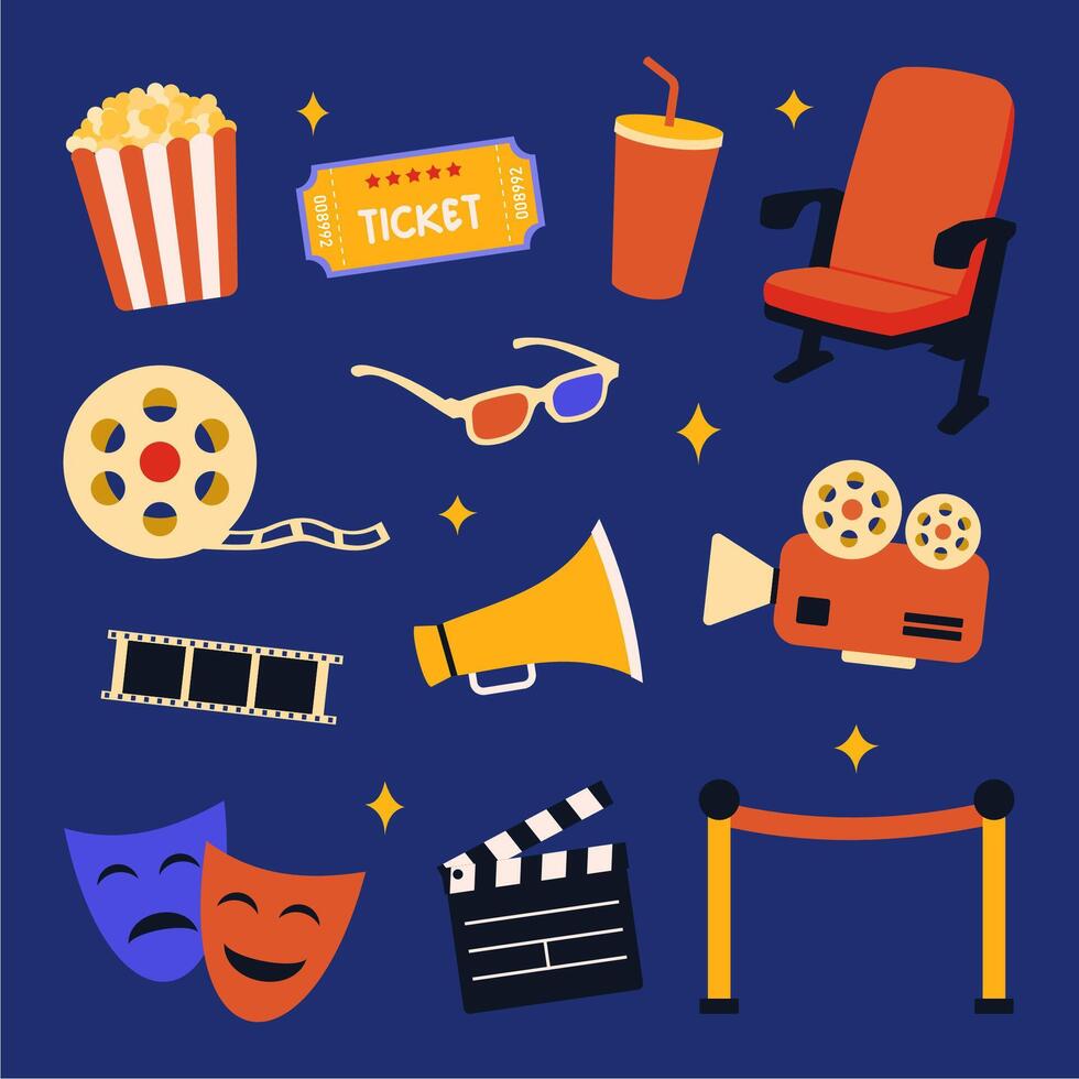 Movie cinema elements collection. Popcorn, ticket, film, 3d glasses, camera film, clapperboard illustration vector