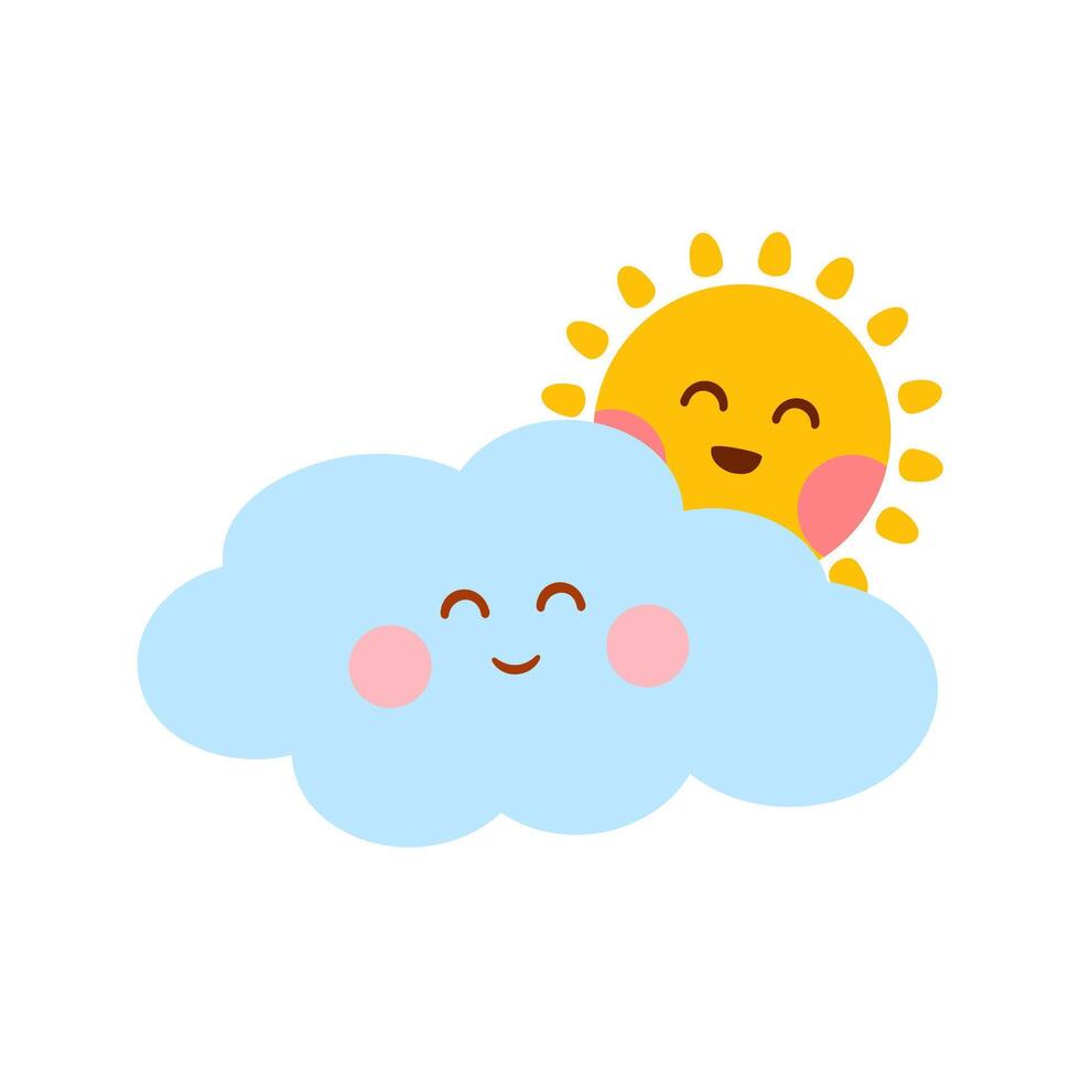 Cute sun and cloud character with happy smile. Flat illustration vector