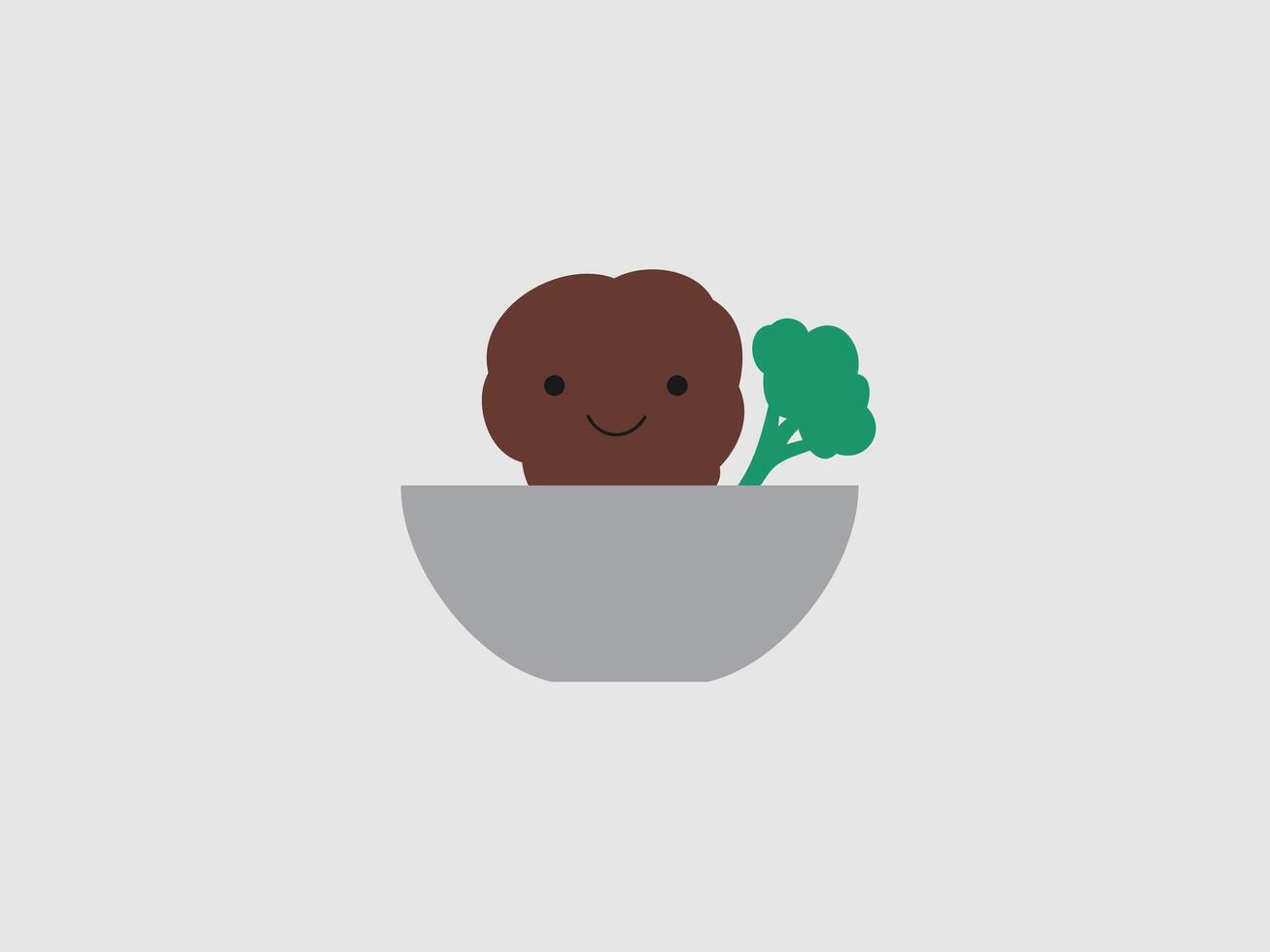 This image features a cute cartoon meatball character in a gray bowl vector
