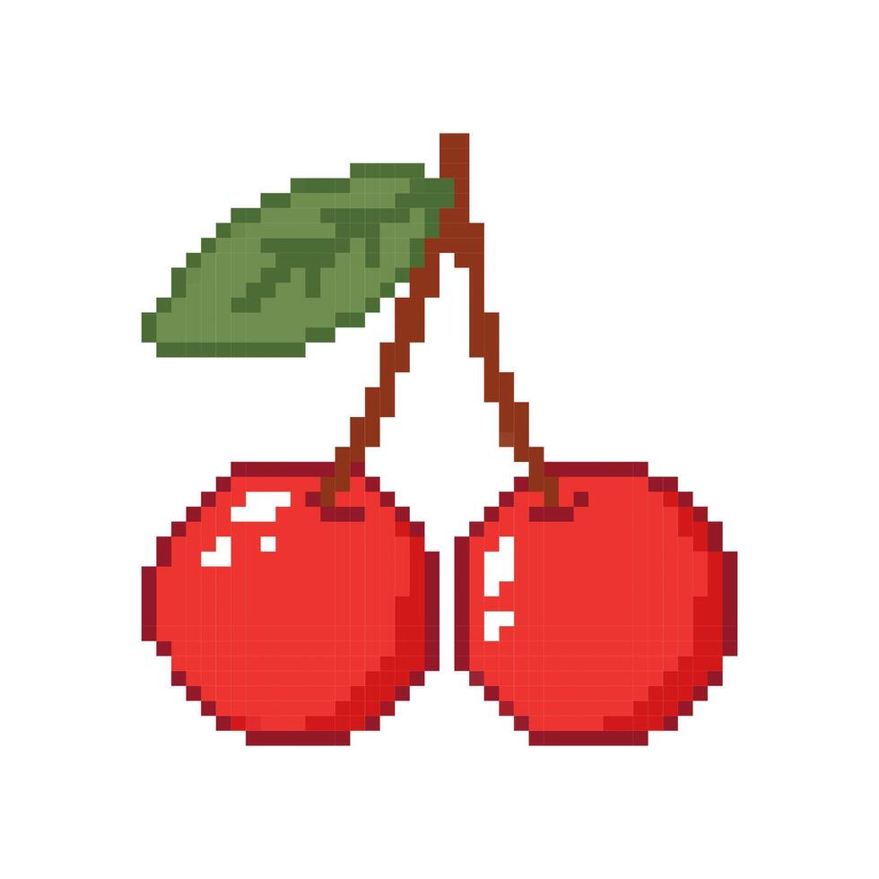 Pixelated bright cherries on a branch with leaves. Hand drawn illustration on white background. vector
