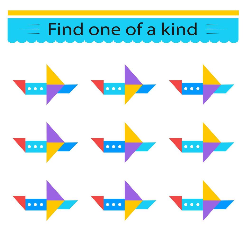 Educational game for kids. Need to find one of a kind airplane. Visual intelligence. vector
