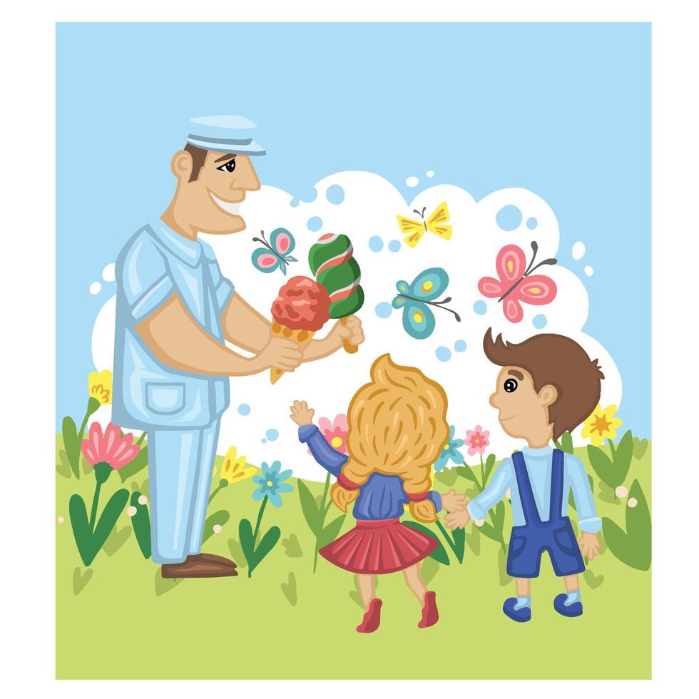 Vendor handing ice creams to kids in a flowery meadow vector