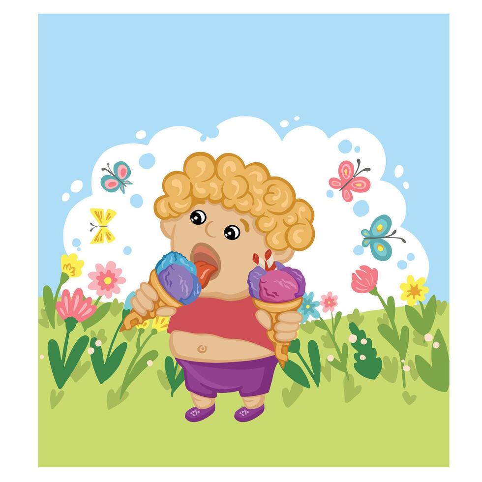 Boy eating ice cream cones in a flowery meadow vector