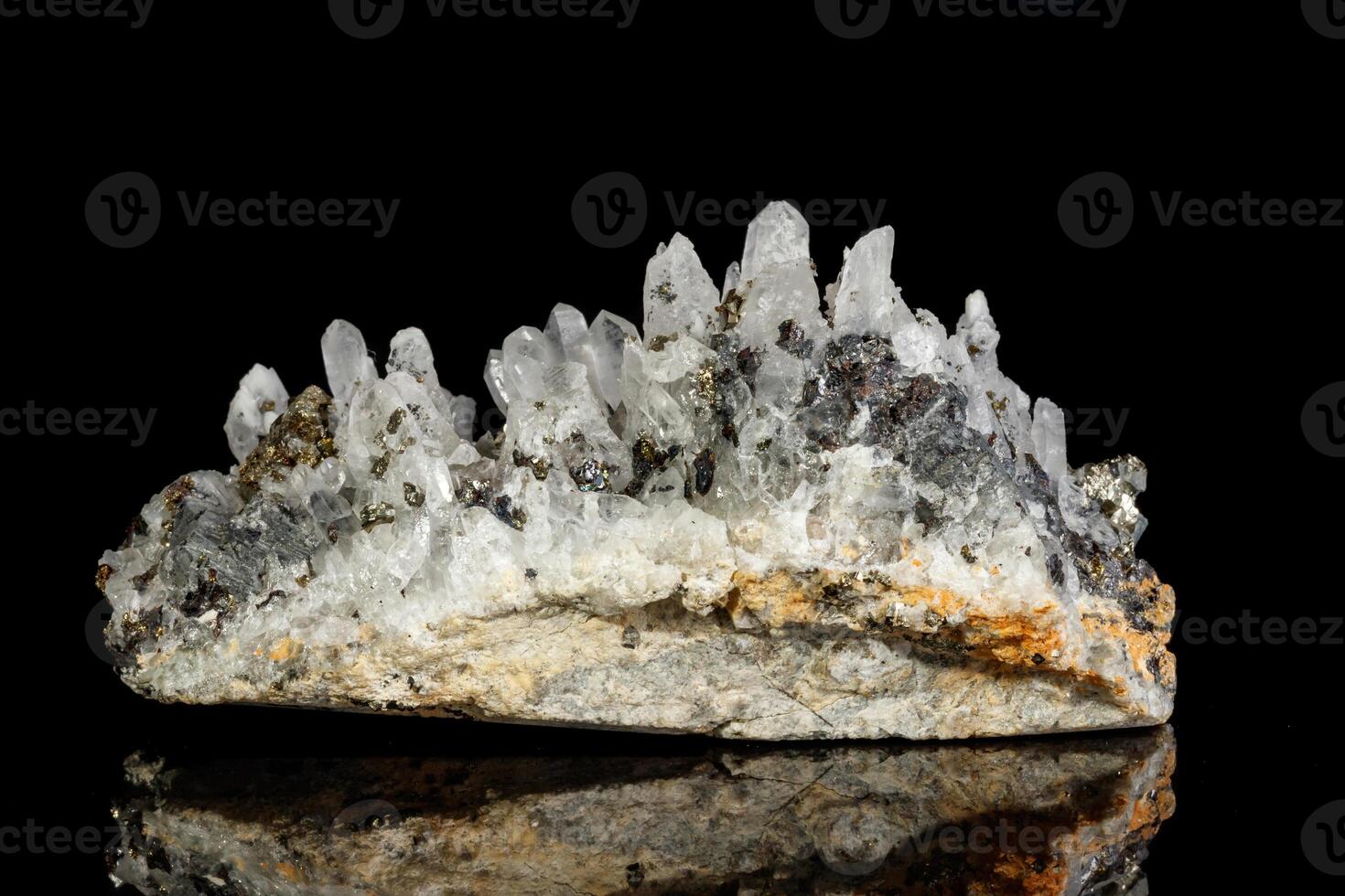 Macro mineral stone Galena, Sphalerite, Pyrite, Quartz on a black background close up photo