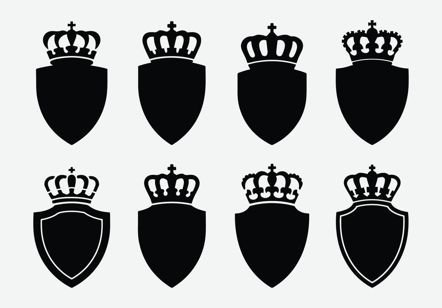 Royal Crown Shield Silhouette Set. Black Shield and Crown Icons. vector