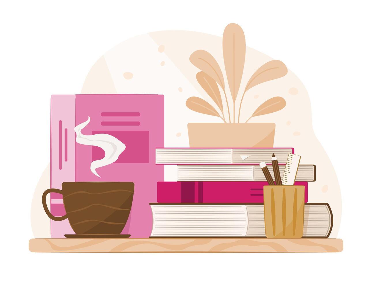 Stack of Books and a Cup of Coffee on Desk for Education Concept Illustration Clip Art vector