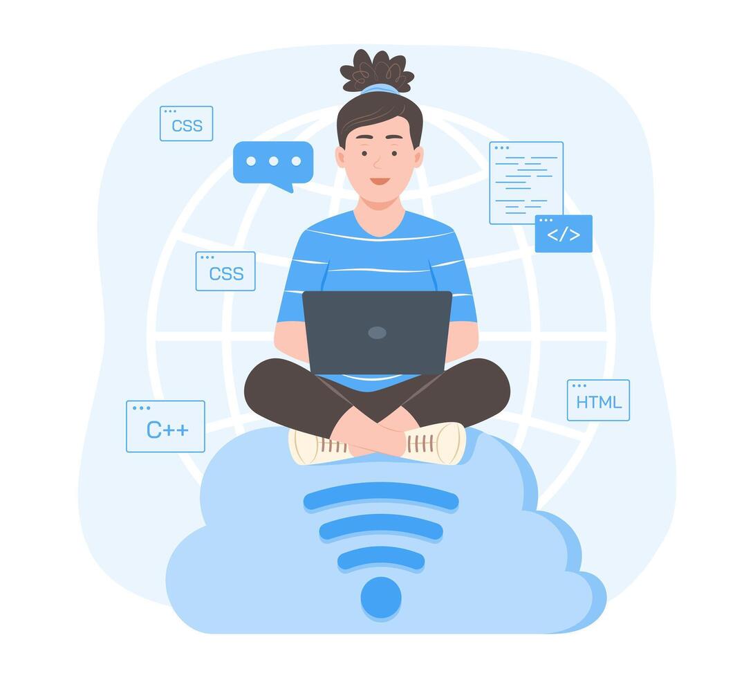 Programmer Woman Sitting on the Cloud Computing Symbol and Process Coding for Software Development Concept Illustration vector