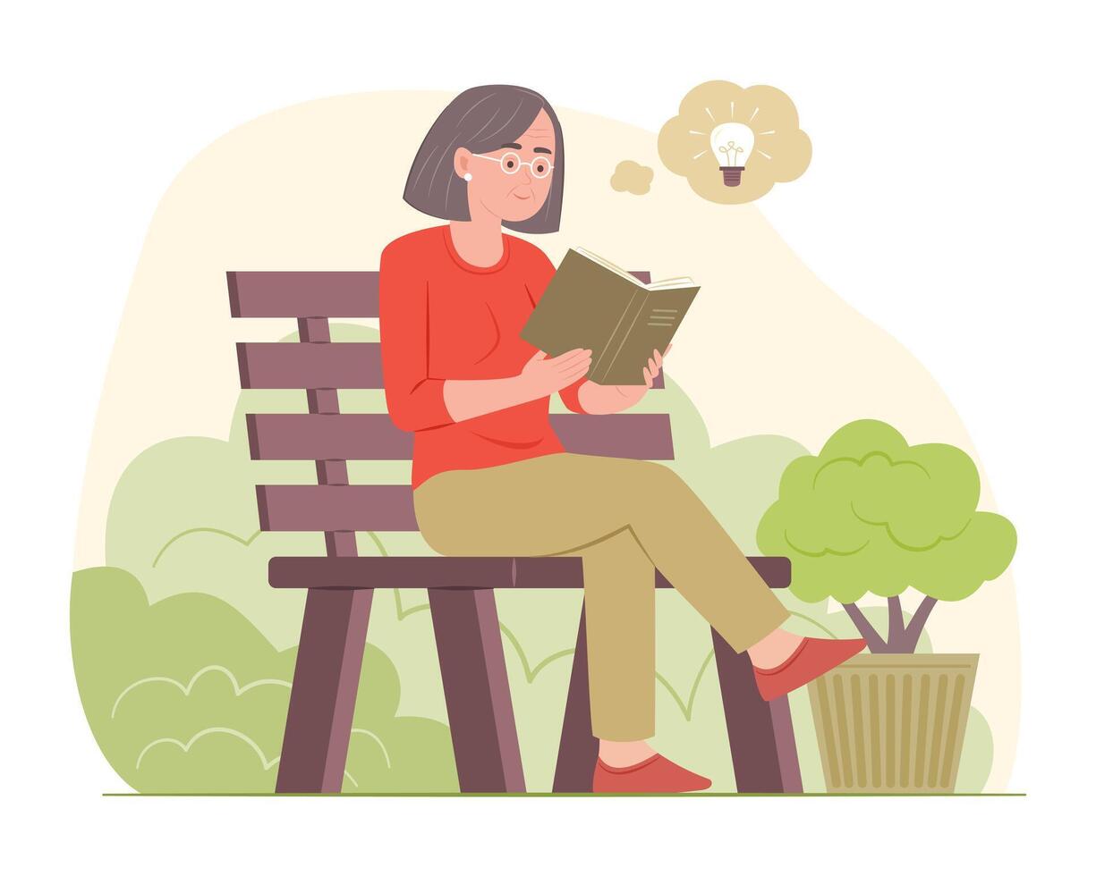Senior Woman Reading a Book while Sitting on Bench in Garden vector