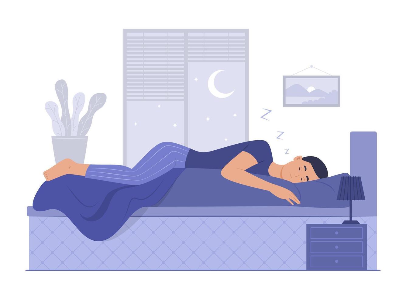 Man Hugging a Pillow and Sleeping in Bed at Night vector