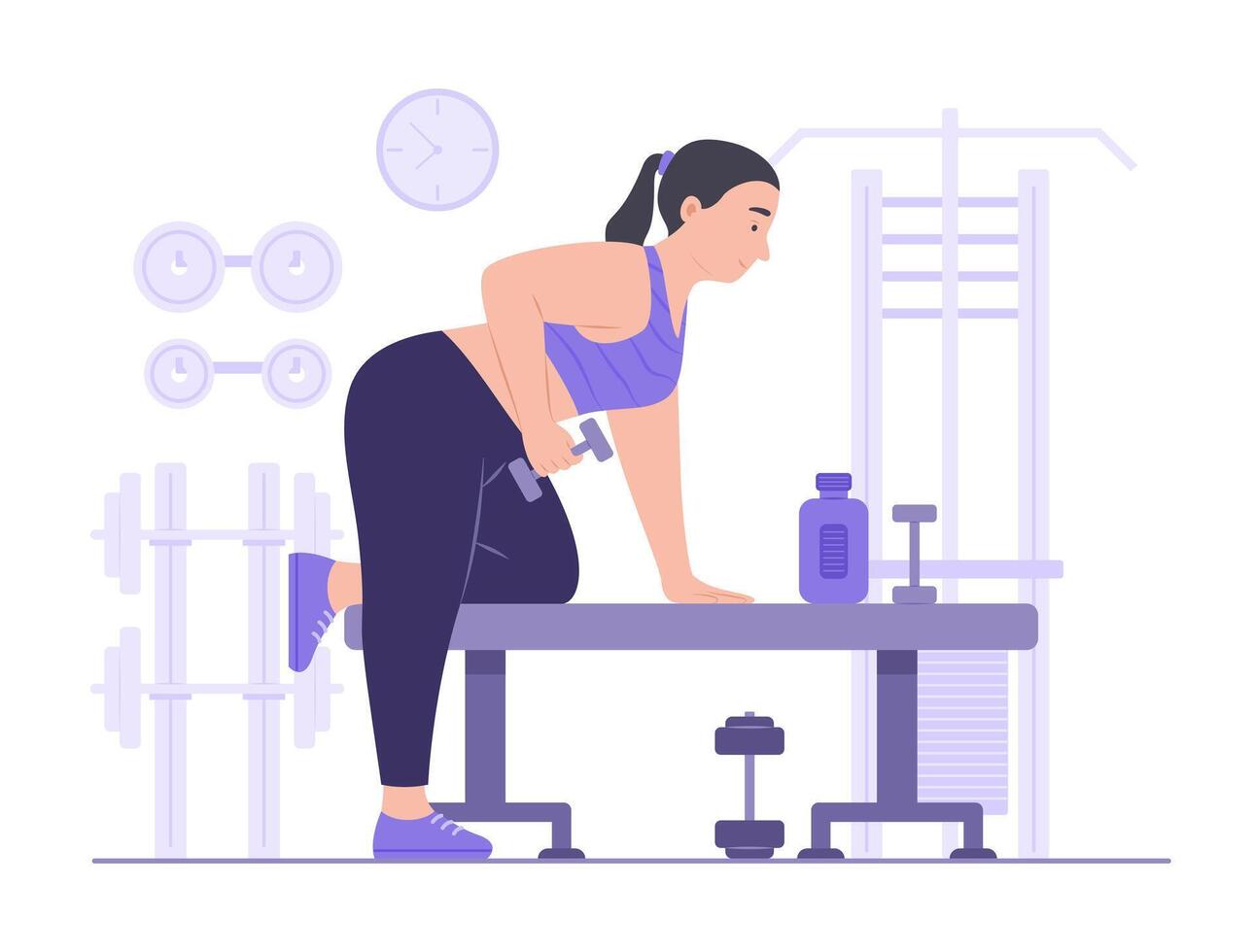 Chubby Woman Exercises with Dumbbell for Weight Training in Fitness Gym Room vector
