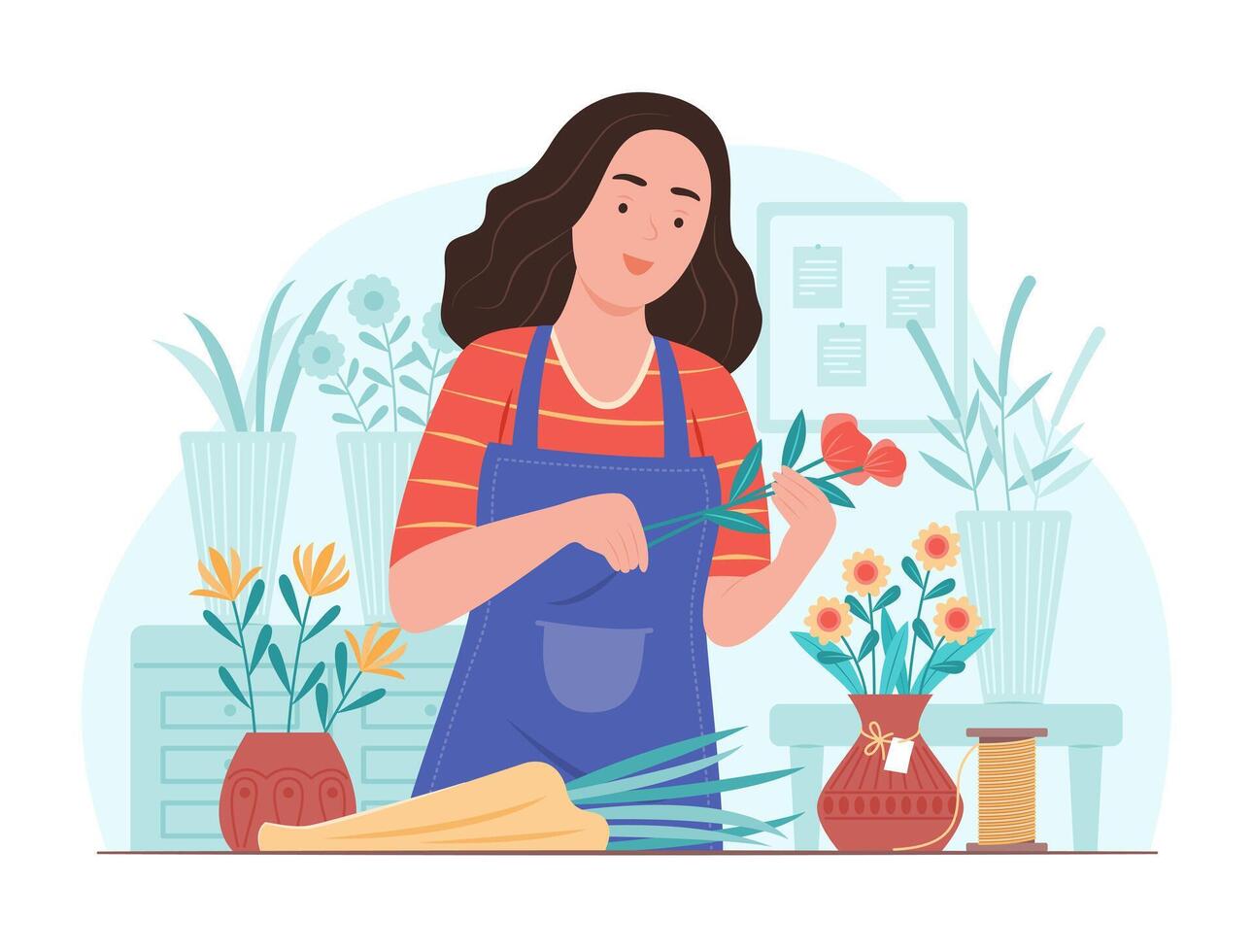 Florist Woman Arranging Flowers into Vase in Flower Shop vector