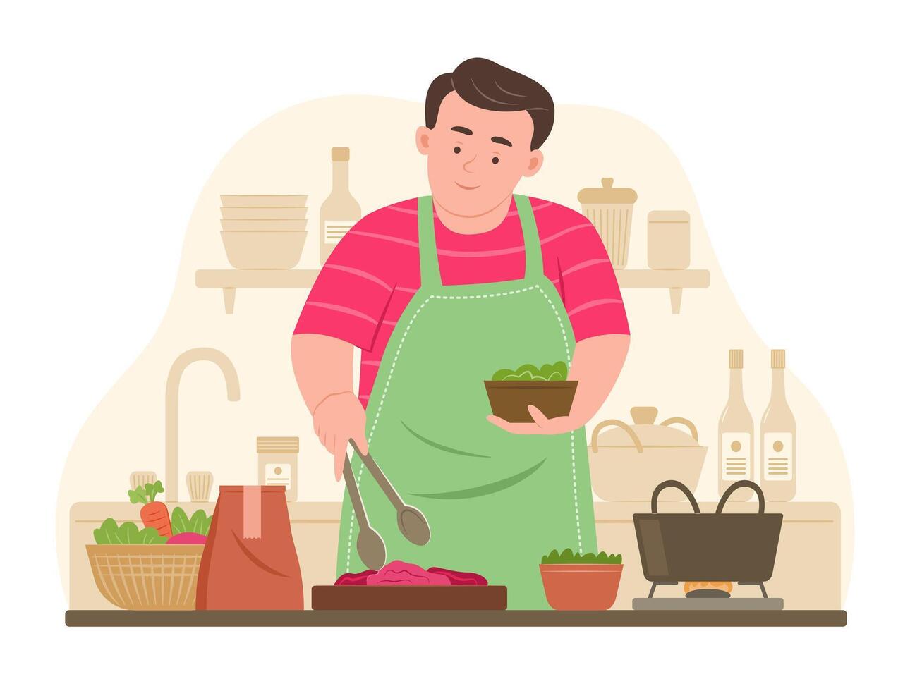 Chubby Man Prepare Food Ingredient for Cooking in Kitchen for Culinary Concept Illustration vector