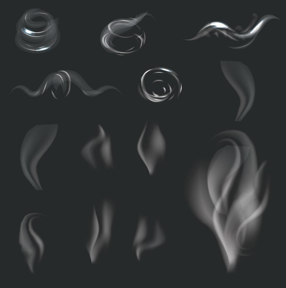 Candle smoke, vapor or mist from blowing out flames from wick. realistic smoky cloud or gaze effects, small puff or fume swirls, isolated on background vector
