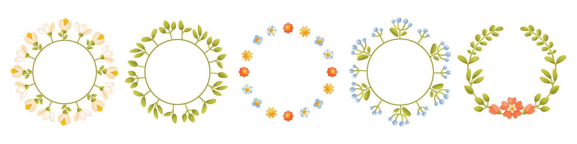 Set of floral spring, summer wreaths. Round floral frame with floral arrangements, with green leaves, empty space for text. Trendy greenery in botanical style in rustic style vector