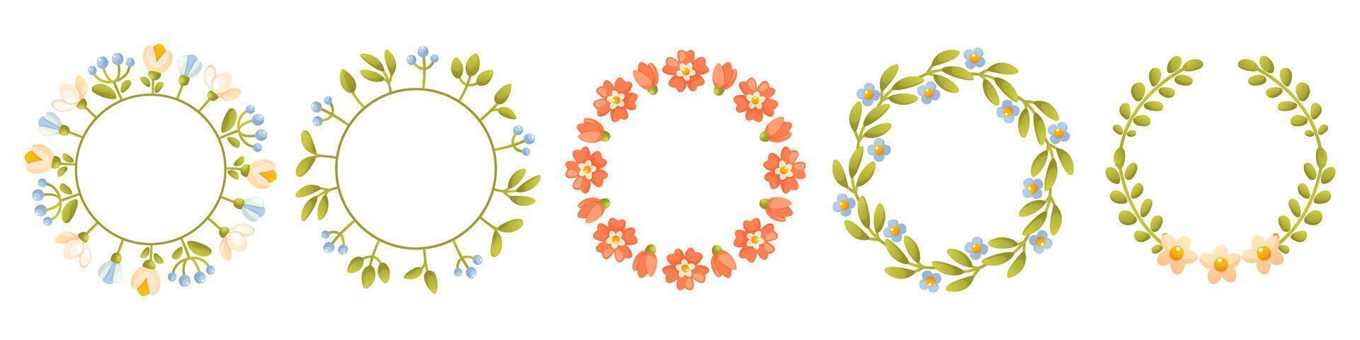 Set of floral spring, summer wreaths. Round floral frame with floral arrangements, with green leaves, empty space for text. Trendy greenery in botanical style in rustic style vector