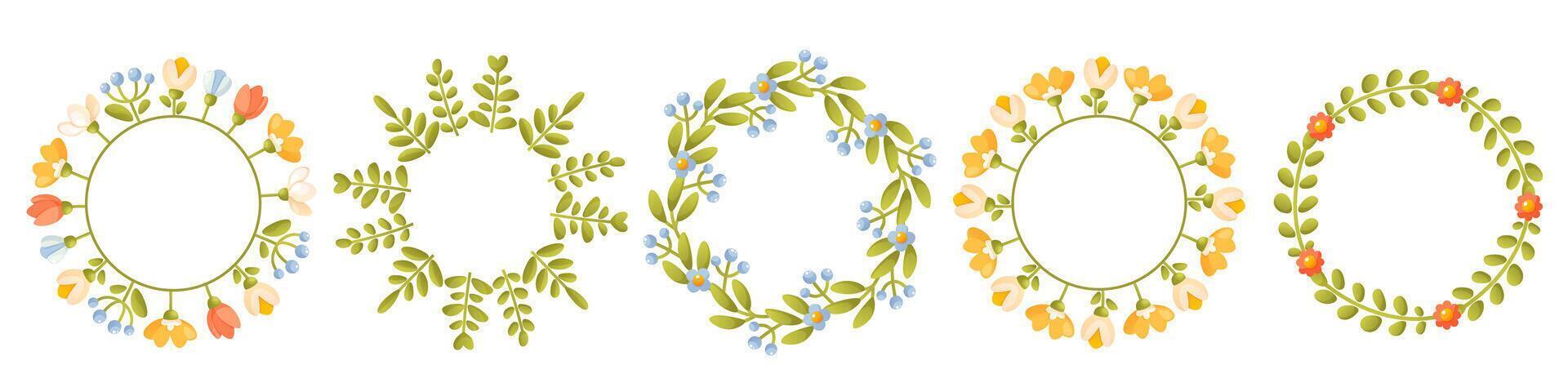 Set of floral spring, summer wreaths. Round floral frame with floral arrangements, with green leaves, empty space for text. Trendy greenery in botanical style in rustic style vector