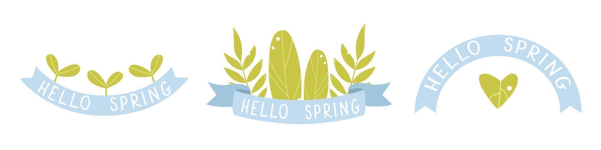 Set of templates, icons, logos with green leaves, ribbon, and text Hello Spring. illustration for greeting cards, invitations, banners vector