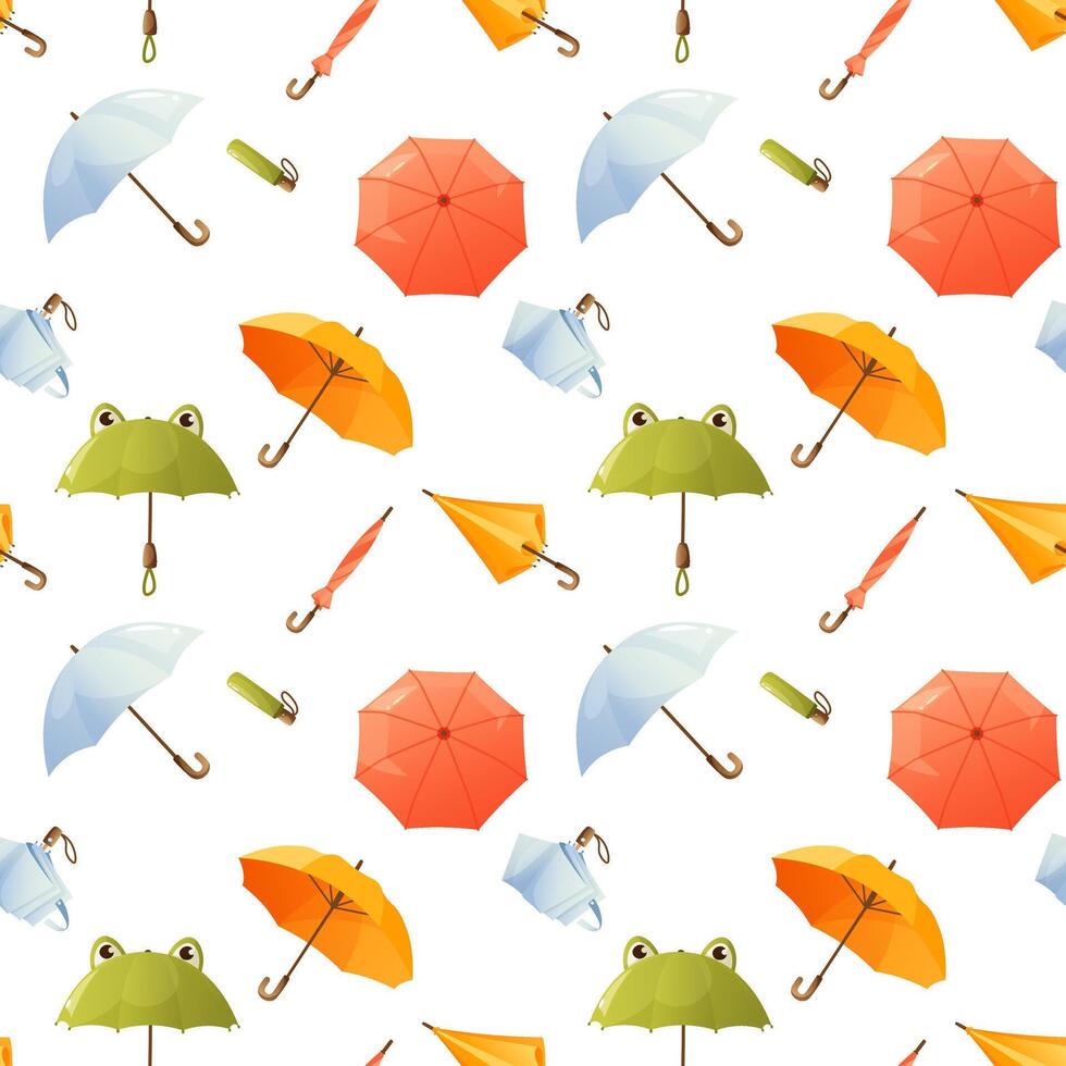 Seamless pattern with open and folded umbrellas of different colors for protection from rain. Waterproof umbrellas with handles, pattern of umbrellas of different designs. Spring time, rainy weather. vector