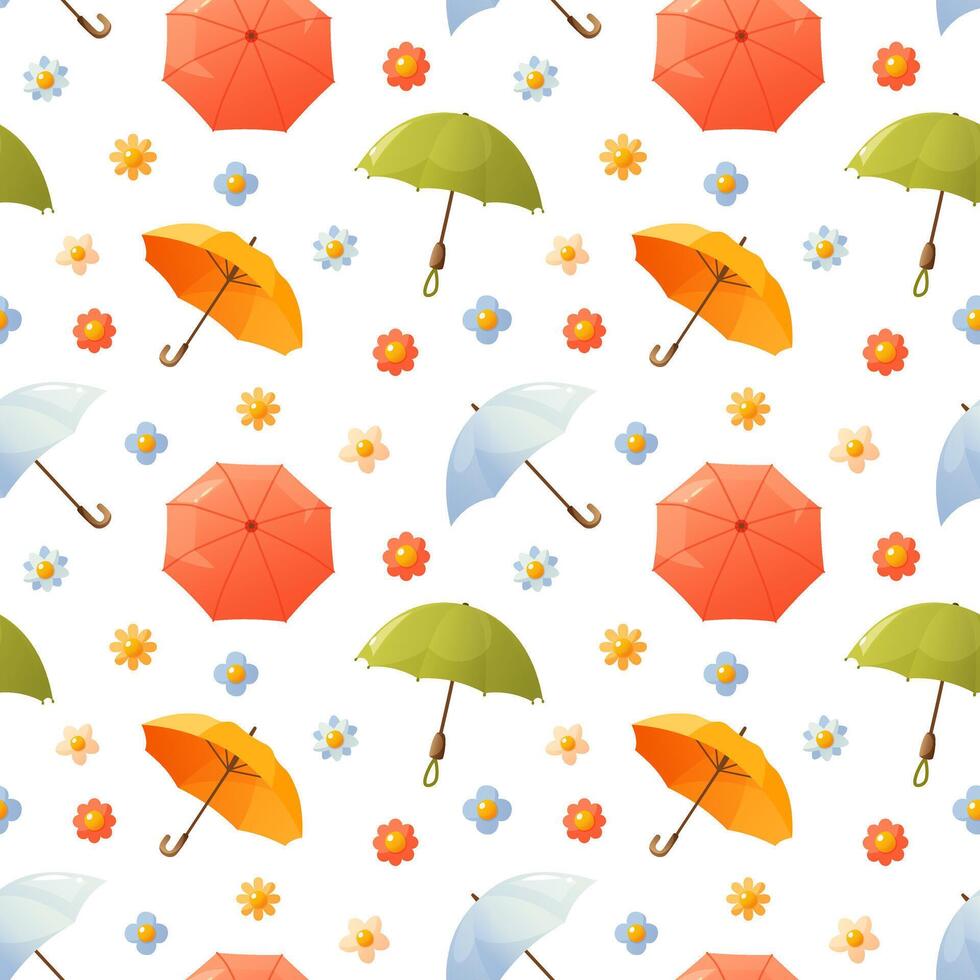 Seamless pattern with open and folded umbrellas of different colors and flowers. Waterproof umbrellas with handles, pattern of umbrellas of different designs. Spring time, rainy weather. vector