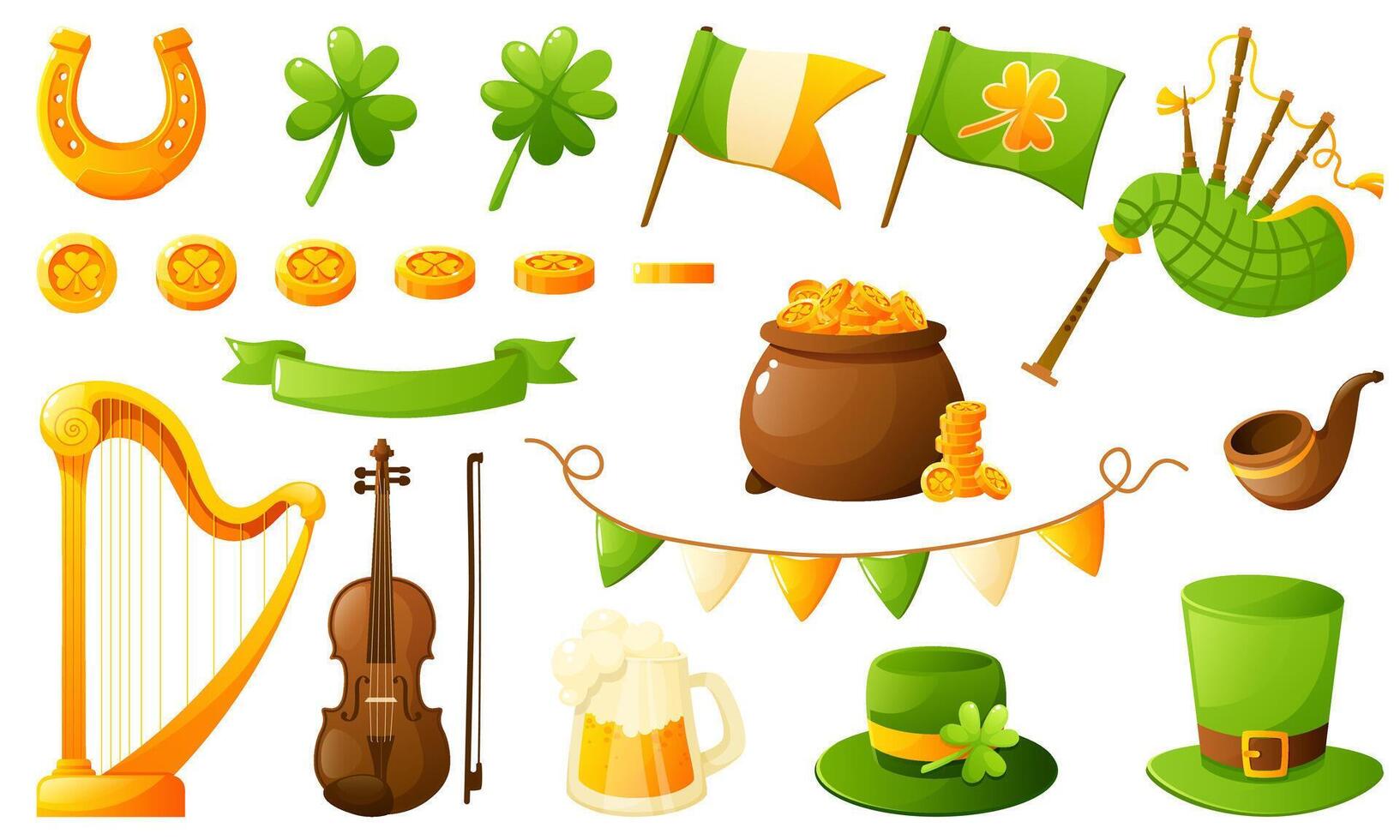 Big set for St. Patrick's Day with holiday attributes. Green clover leaf, hat, pot with gold coins, violin, harp, tobacco pipe, beer, shamrock. Design for clip art, stickers, postcards. vector